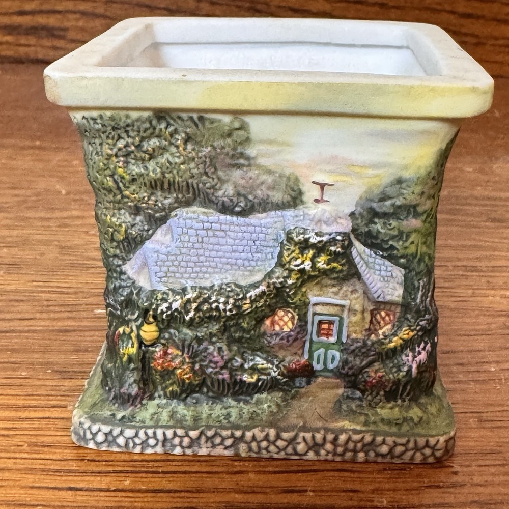 Thomas Kinkade Cottage Planter 3" Square Ceramic Hand Painted Vintage Style